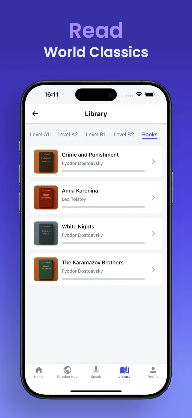 The FluenTech library showing Crime and Punishment, Anna Karenina, White Nights and The Brothers Karamazov